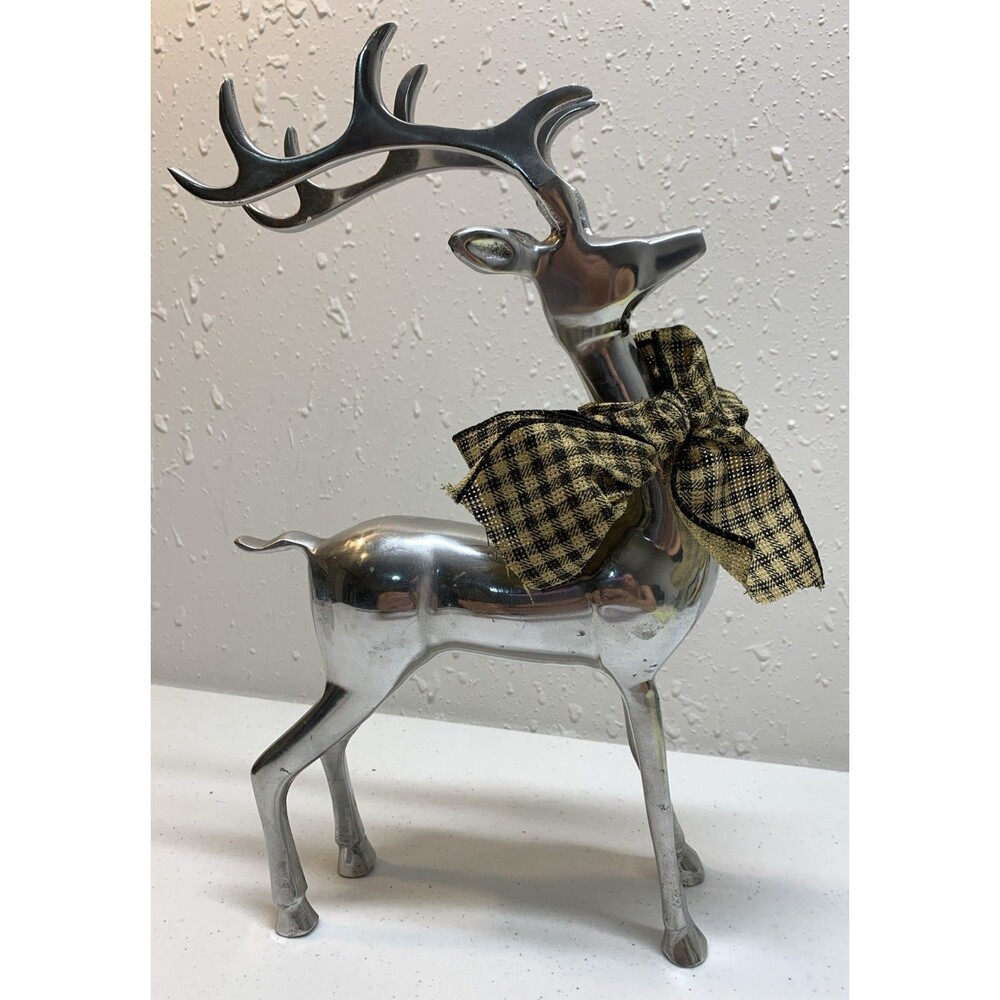 Vintage Christmas Reindeer Figurine Silver Tone Metal 14”